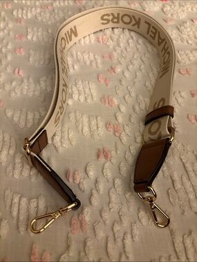 Michael Kors Beige Logo Webbing Strap with Brown Leather and Gold Hardware